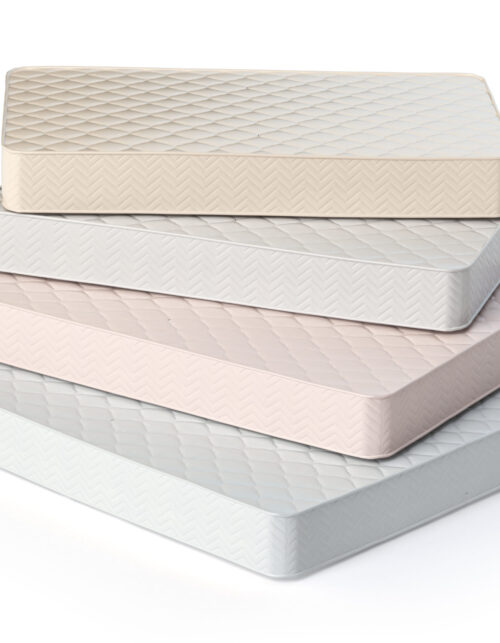 Mattress isolated on white background. Stack of orthopedic mattresses of different colors and sizes. 3d illustration